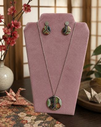 set orecchini e collana carta e legno giapponese 