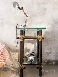 Tavolo industriale corten/raccordi ottone e vetro