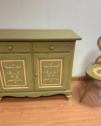 CREDENZA LEGNO DECORATA A MANO CON SEDIA ABBINATA