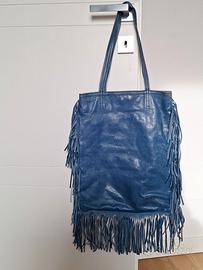 Borsa in vera pelle con frange bluette