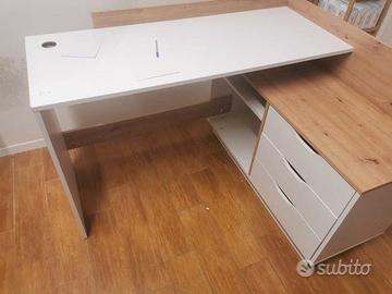 2 scrivanie angolari bianco/rovere con cassettiera