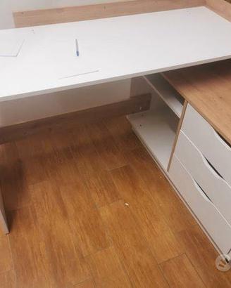 2 scrivanie angolari bianco/rovere con cassettiera