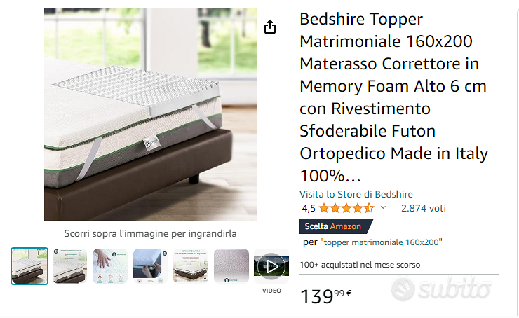 Bedshire Topper Matrimoniale 160x190 Materasso Correttore in Memory Foam  Alto 6 cm con Rivestimento Sfoderabile Futon Ortopedico Made in Italy 100%…