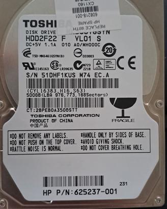 Hard Disk Toshiba 500GB 2.5" SATA 7200RPM – Usato,