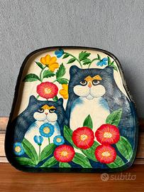 Vassoio Vintage Dipinto a Mano Gatti Folk Art