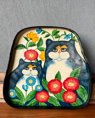 Vassoio Vintage Dipinto a Mano Gatti Folk Art