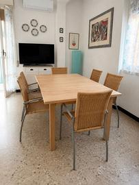 Tavolo da pranzo in legno con 6 sedie in vimini