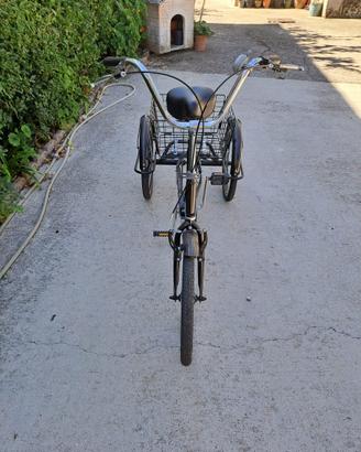 bicicletta triciclo da adulto con cestino.