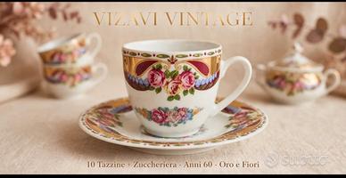  10 tazzine da caffè con fiori e decoro oro bord.