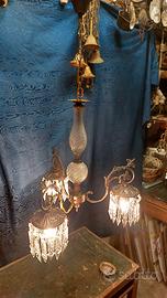 Antico Lampadario Anni 30 Cristallo E Bronzo 3 l