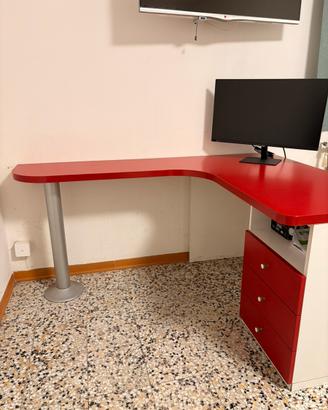 Scrivania angolare rossa con cassettiera