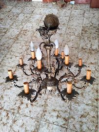 Lampadario Antico 12 Luci Ottone Decorato