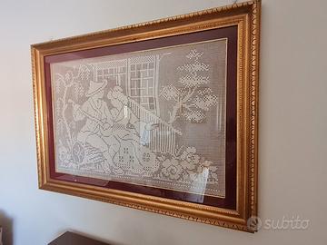 Grande Quadro Filet all'Uncinetto Fatto a Mano 