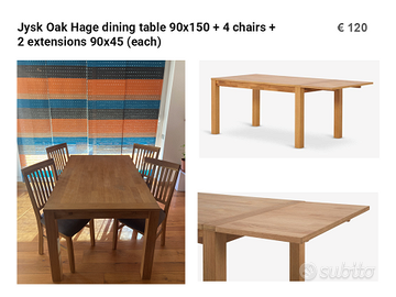 Tavolo pranzo rovere + 4 sedie + prolunga