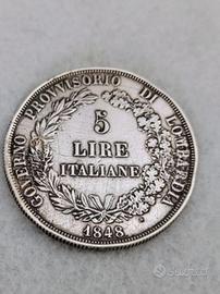 Moneta Argento 5 lire 1848  Milano. Molto bella.