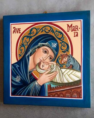 MADONNA CON BAMBINO . Acrilico su tavola . H 23 cm