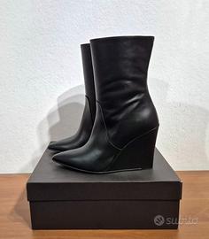 Stivaletti con tacco a zeppa in pelle, nero, n.40
