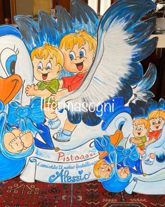 Cicogna sagome in legno fiocco nascita