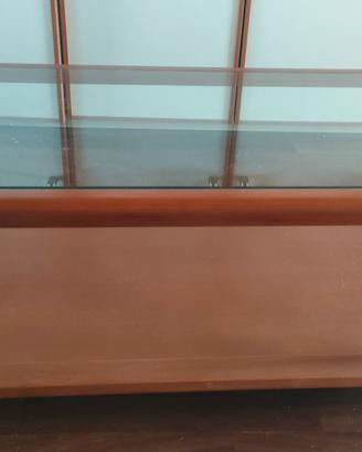tavolino di design in cristallo e legno di ciliegi
