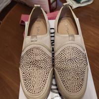 Scarpe in pelle/tessuto colore beige oro e brillan