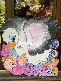 Cicogna fiocco nascita in legno