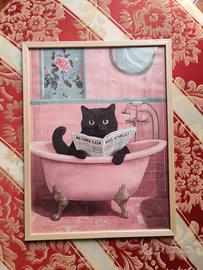 Gatto in Vasca-Tela con Cornice Stile Legno 40x30 