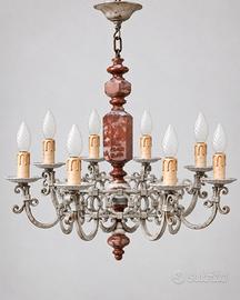 Grande lampadario vintage 8 bracci metallo decorso