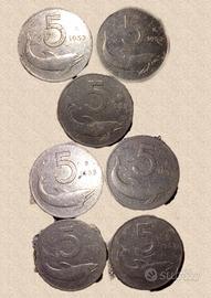 7 monete 5 lire delfino 1953
