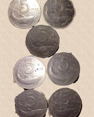 7 monete 5 lire delfino 1953