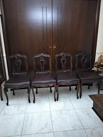 Set 4 sedie in legno e vera pelle Vintage 