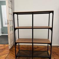 Scaffale 4 ripiani, ferro nero e legno massiccio