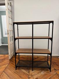 Scaffale 4 ripiani, ferro nero e legno massiccio