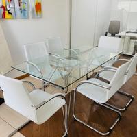 Tavolo da riunione in cristallo + 6 sedie in pelle