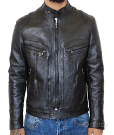 Giacca Moto Uomo Vera Pelle Nero Giubbotto Biker