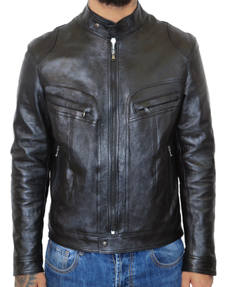 Giacca Moto Uomo Vera Pelle Nero Giubbotto Biker
