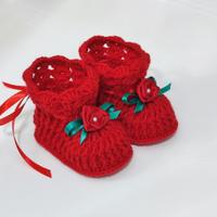 Scarpine Rosse Neonata Lana Uncinetto Handmade 