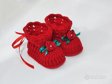 Scarpine Rosse Neonata Lana Uncinetto Handmade 