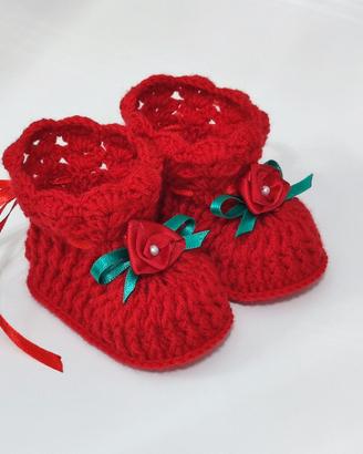 Scarpine Rosse Neonata Lana Uncinetto Handmade 