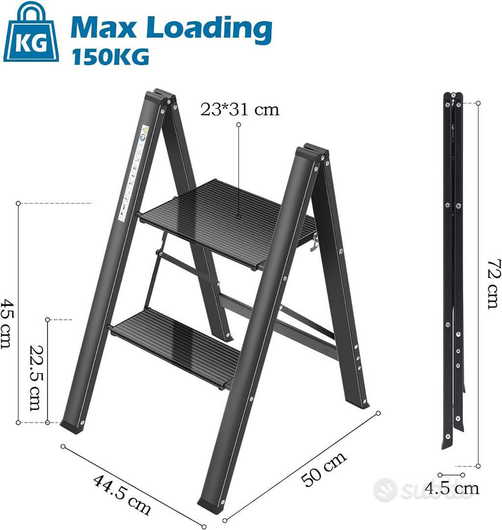 Scala Pieghevole 3 Gradini Acciaio Nera - Portata 150kg, Antiscivolo, Per Casa E Fai Da Te - Foto 7