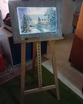 Cavalletto da pittore in legno vintage + dipinto i