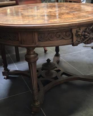 ANTICO TAVOLO BIEDERMEIER INTARSIATO RADICA ULIVO