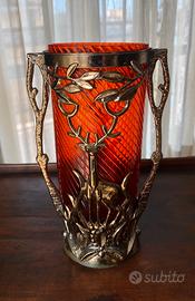 Vaso Vintage URSS Vetro Rubino e Metallo "Cervo"