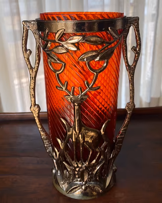 Vaso Vintage URSS Vetro Rubino e Metallo "Cervo"