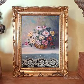 Quadro anni 70 cesto di fiori cm17x21 Dipinto olio