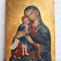 Icona sacra Madonna con Bambino tavola dorata 