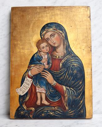 Icona sacra Madonna con Bambino tavola dorata 