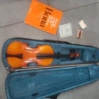 Violino con custodia, archetto, pece e due corde