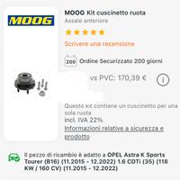 Kit cuscinetto ruota opel astra