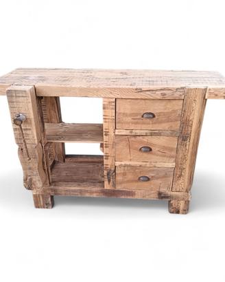 Banco da lavoro con morsa in ferro in rovere