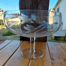 Centrotavola Vintage vetro inciso uccelli 
